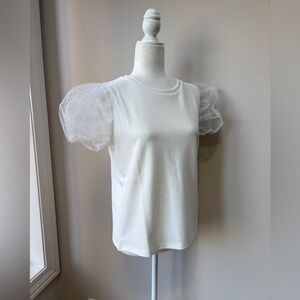 NEW Gracia White Short Sleeve Top with Sheer Puff Sleeves